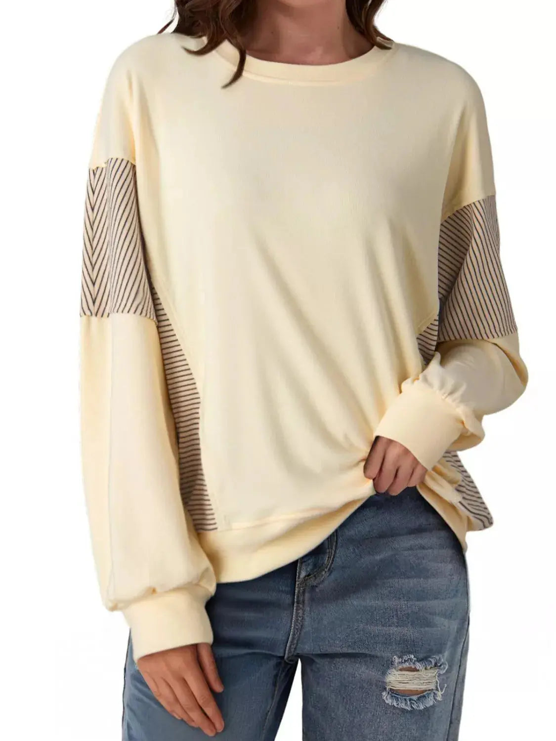 Color Block Striped Sleeve Casual Sweatshirt Simply Love