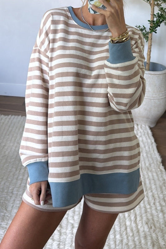 Khaki Color Block Stripe Patchwork Oversized Pullover 2 Piece Shorts Set Dear-Lover Dropshipping