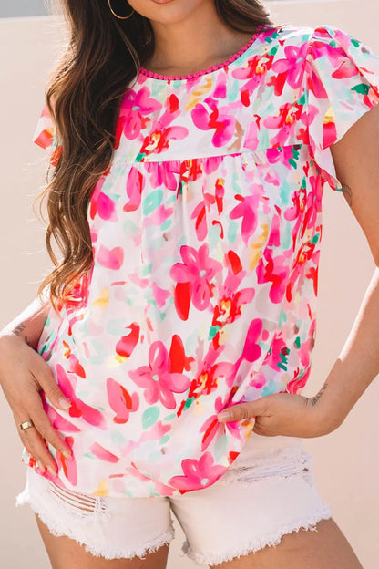 Floral Print Ruffle Sleeve Round Neck Blouse
