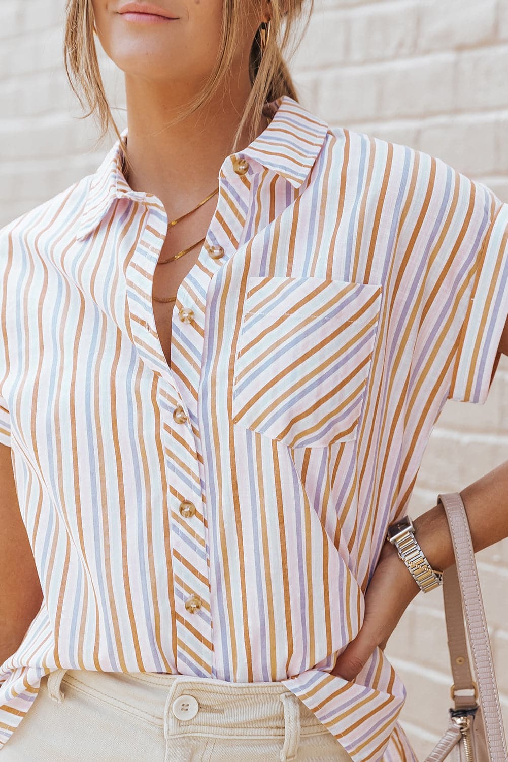 Pocketed Striped Collared Neck Short Sleeve Shirt.