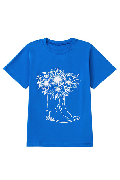 Blue Sunflower Boots Graphic Western Fashion T Shirt for Women