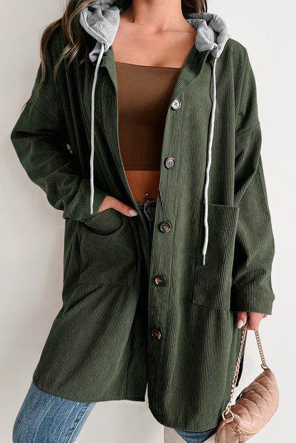 Jungle Green Corduroy Hooded Shacket with Contrast Details