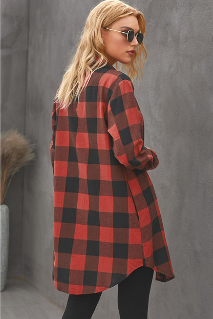 Chic plaid shirt coat with elegant turn-down collar in fiery red