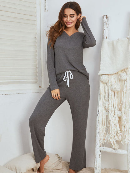 Chic Notched Long Sleeve Top and Pants Combo