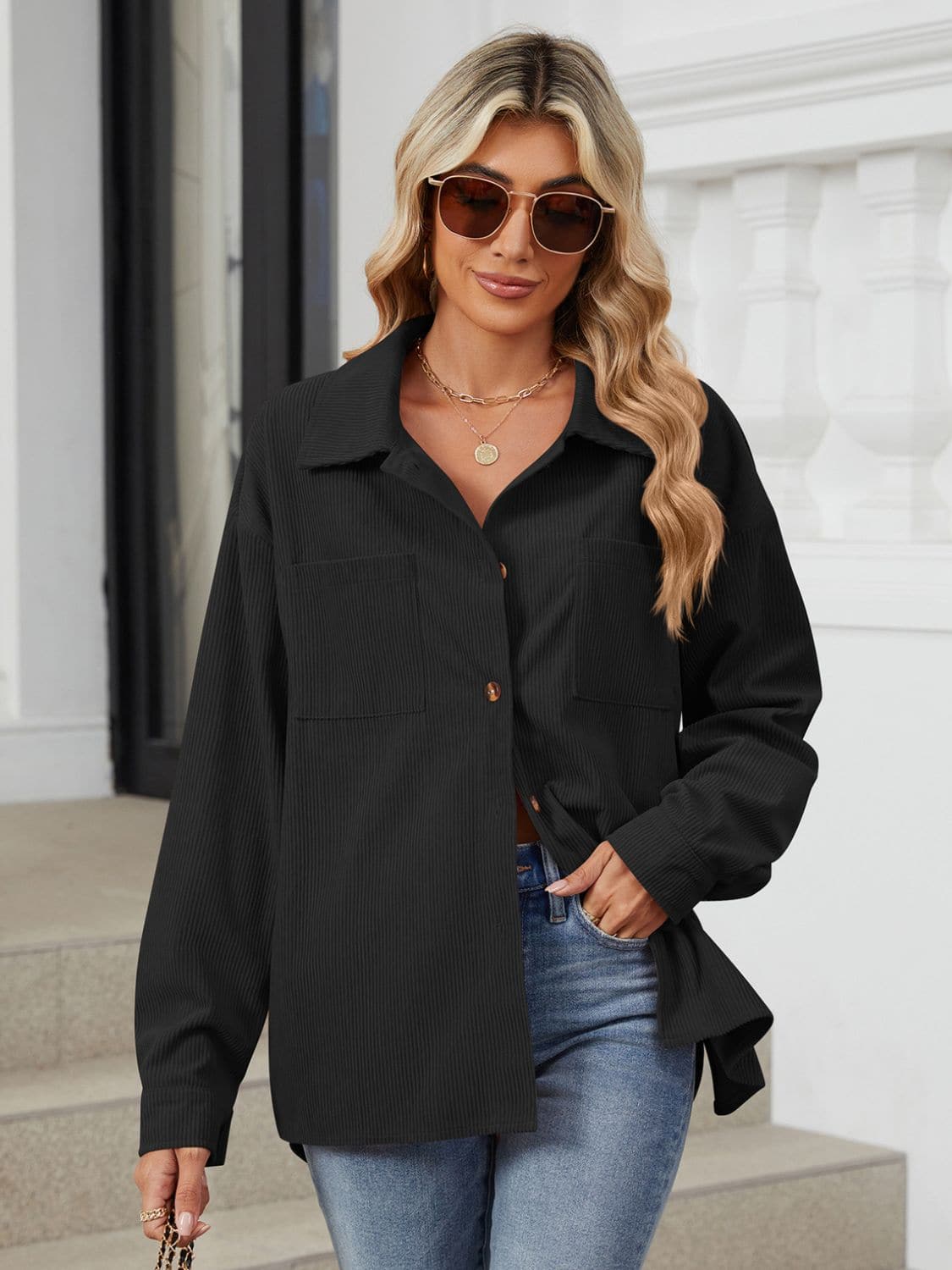 Chic Buttoned Long Sleeve Jacket with Dropped Shoulders