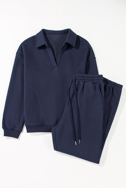 Navy blue pullover and joggers tracksuit with fold-down collar