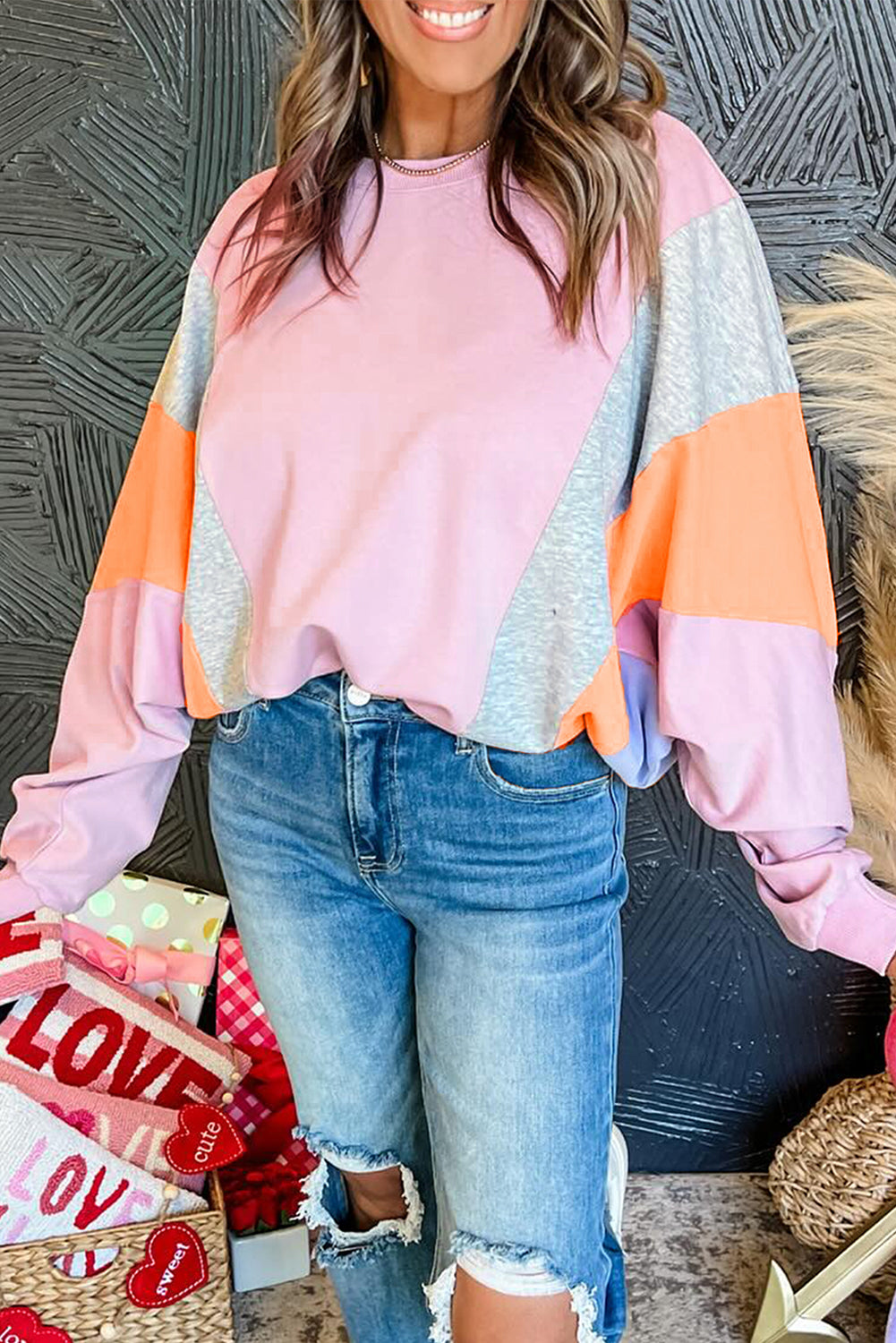 Chic light pink color block oversized batwing sweatshirt