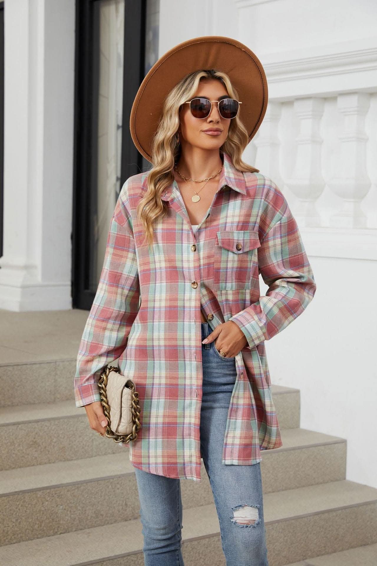 Plaid collared long sleeve shirt - Love Salve 