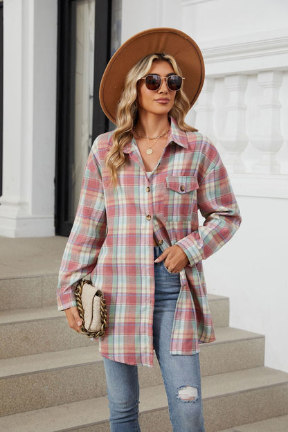 Plaid Collared Neck Long Sleeve Shirt.