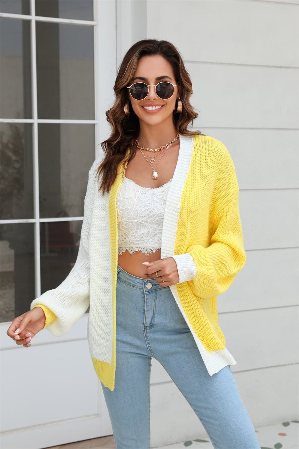 Open Front Contrast Color Balloon Sleeve Cardigan.