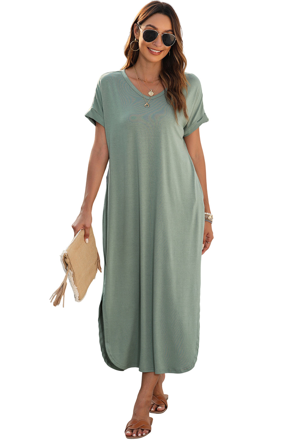 Grass Green V Neck Hidden Pocket Maxi T-shirt Dress