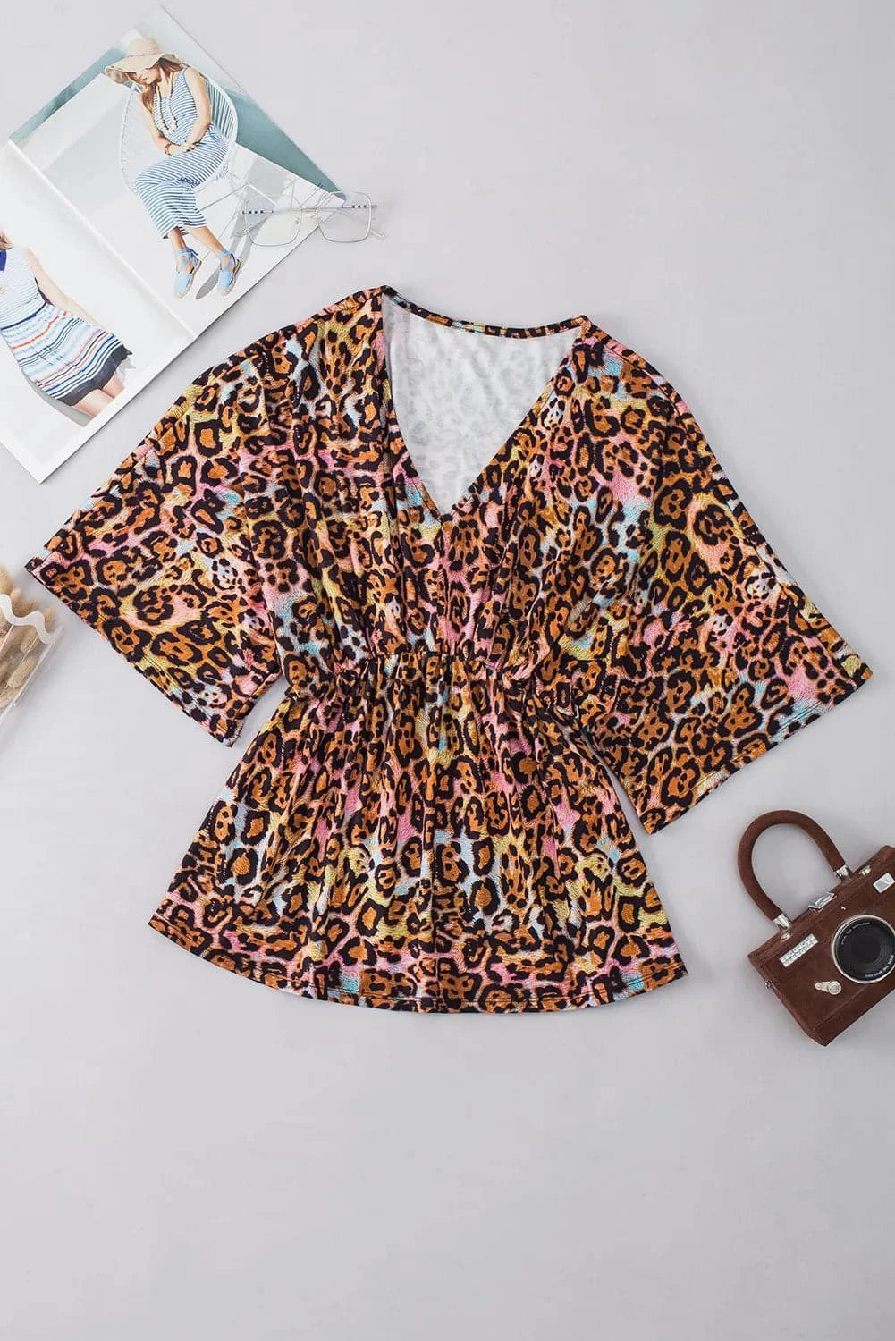 Leopard V-Neck Half Sleeve Blouse.