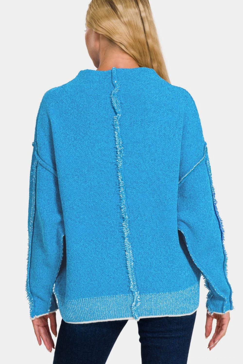 Zenana Exposed Seam Mock Neck Long Sleeve Sweater.