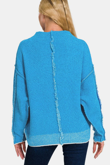 Zenana Exposed Seam Mock Neck Long Sleeve Sweater.