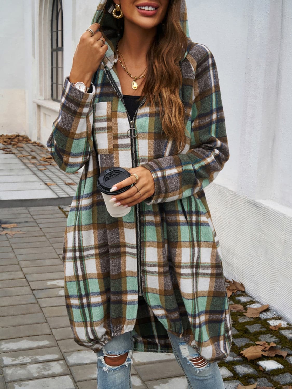 Plaid Zip Up Hooded Coat.