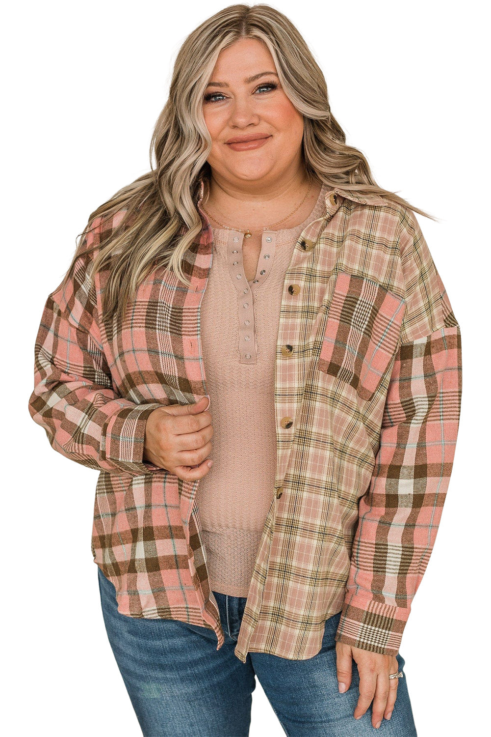 Chic pink plus size plaid long sleeve shirt with pocket detail