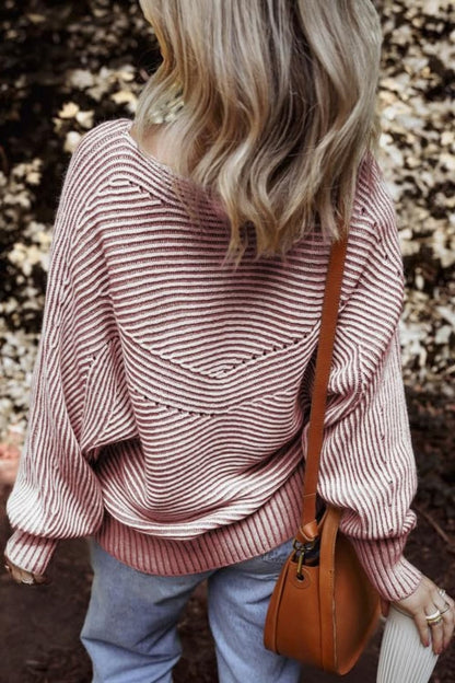 Textured striped long sleeve top with round neck