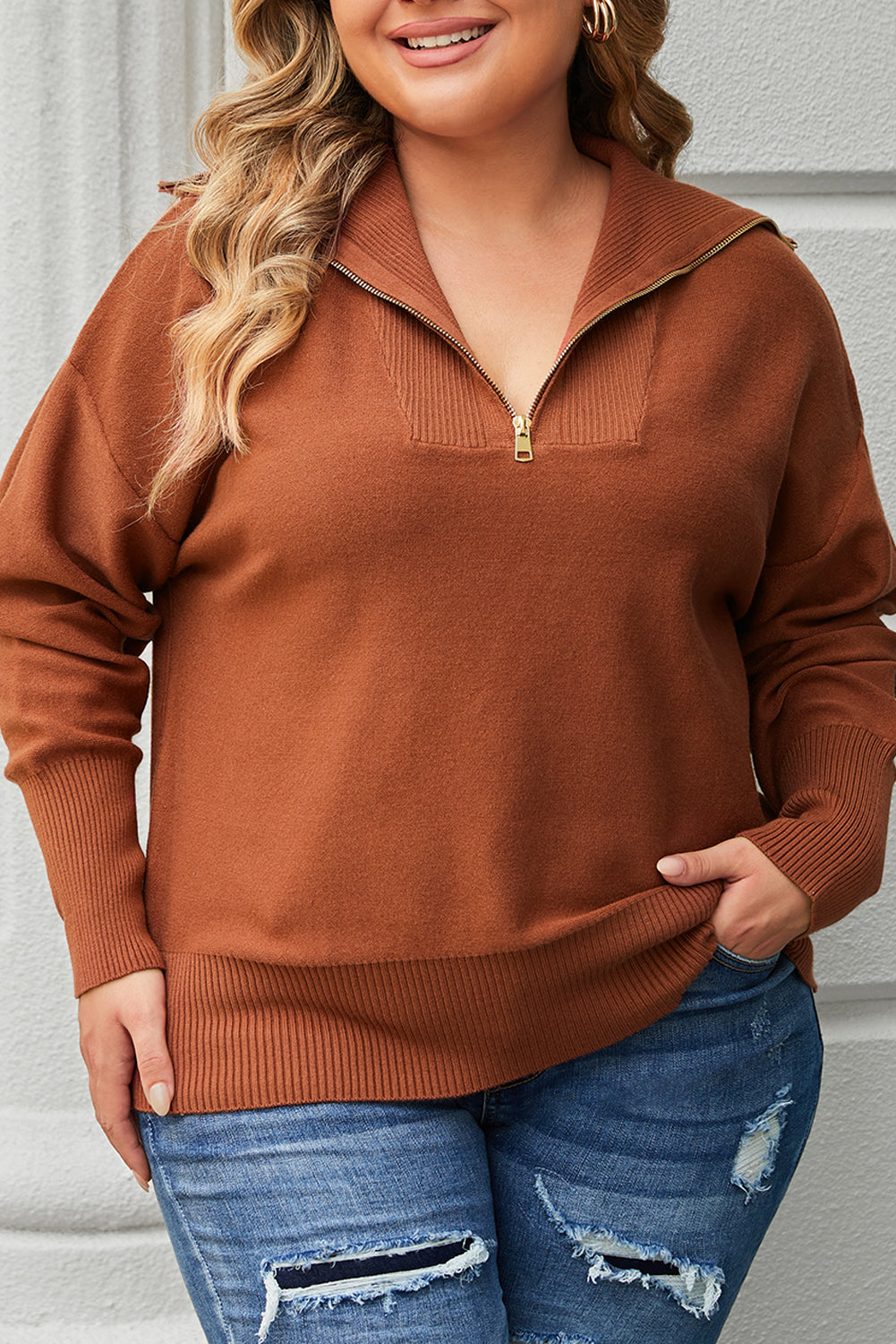 Chic brown zip collar sweater with ribbed trim for plus sizes