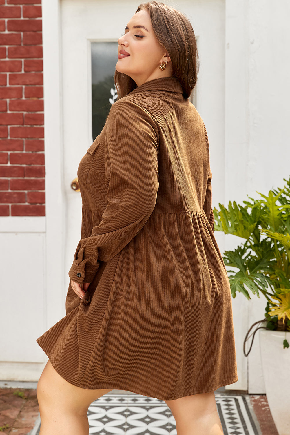 Camel Corduroy Button Down Shirt Style Plus Size Dress Dear-Lover Dropshipping