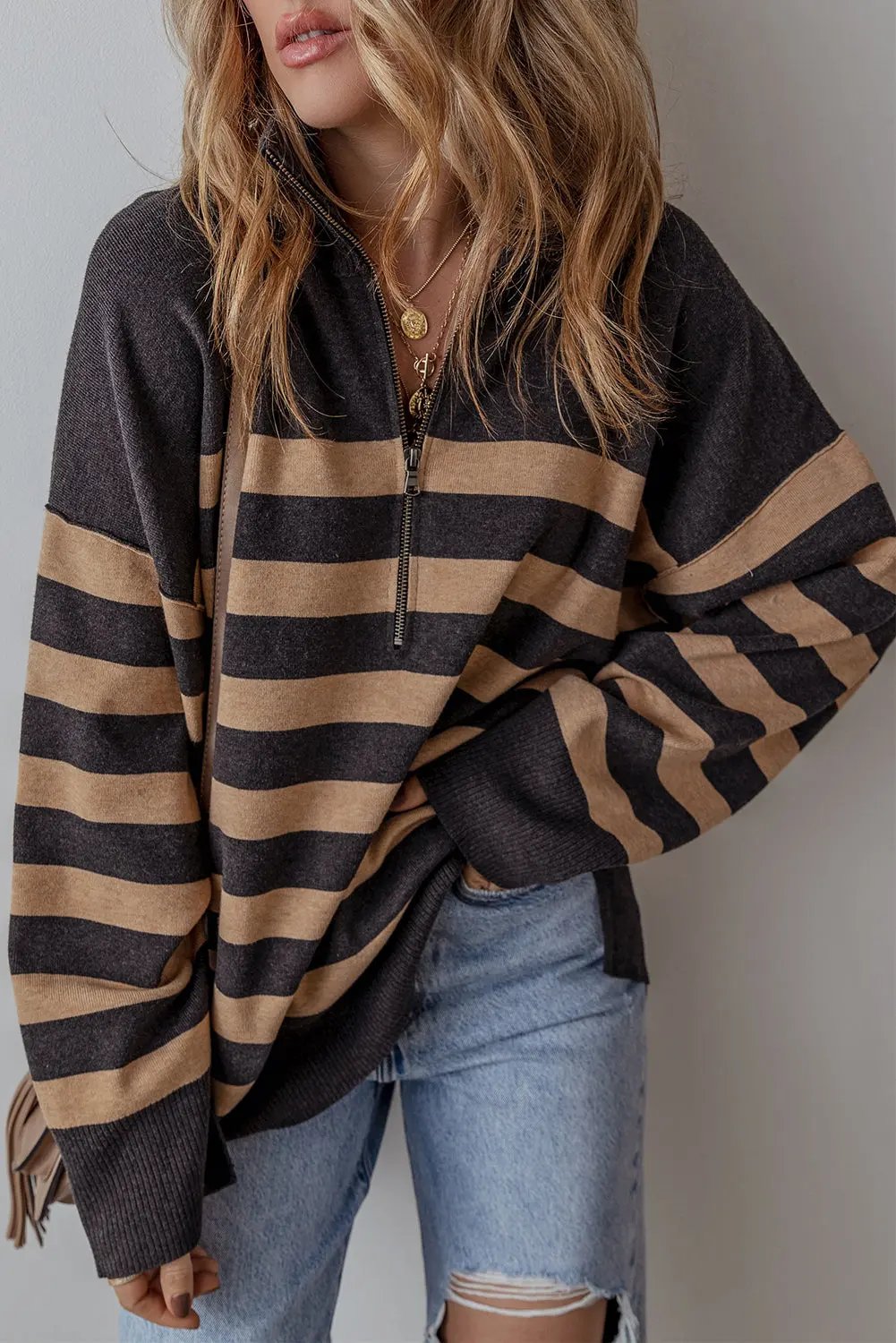 Adeline Stripe Oversized Sweater with Quarter Zipper - Love Salve 