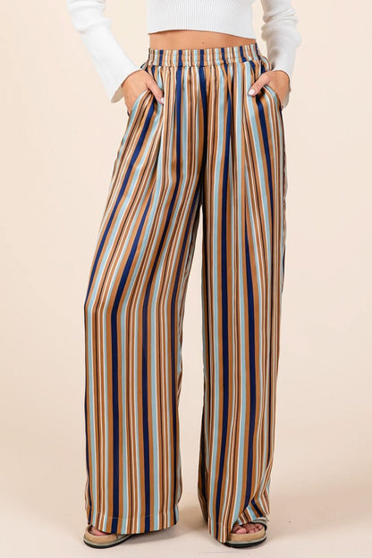 Chic Striped Satin Wide Leg Pants with Elastic Waist and Pockets