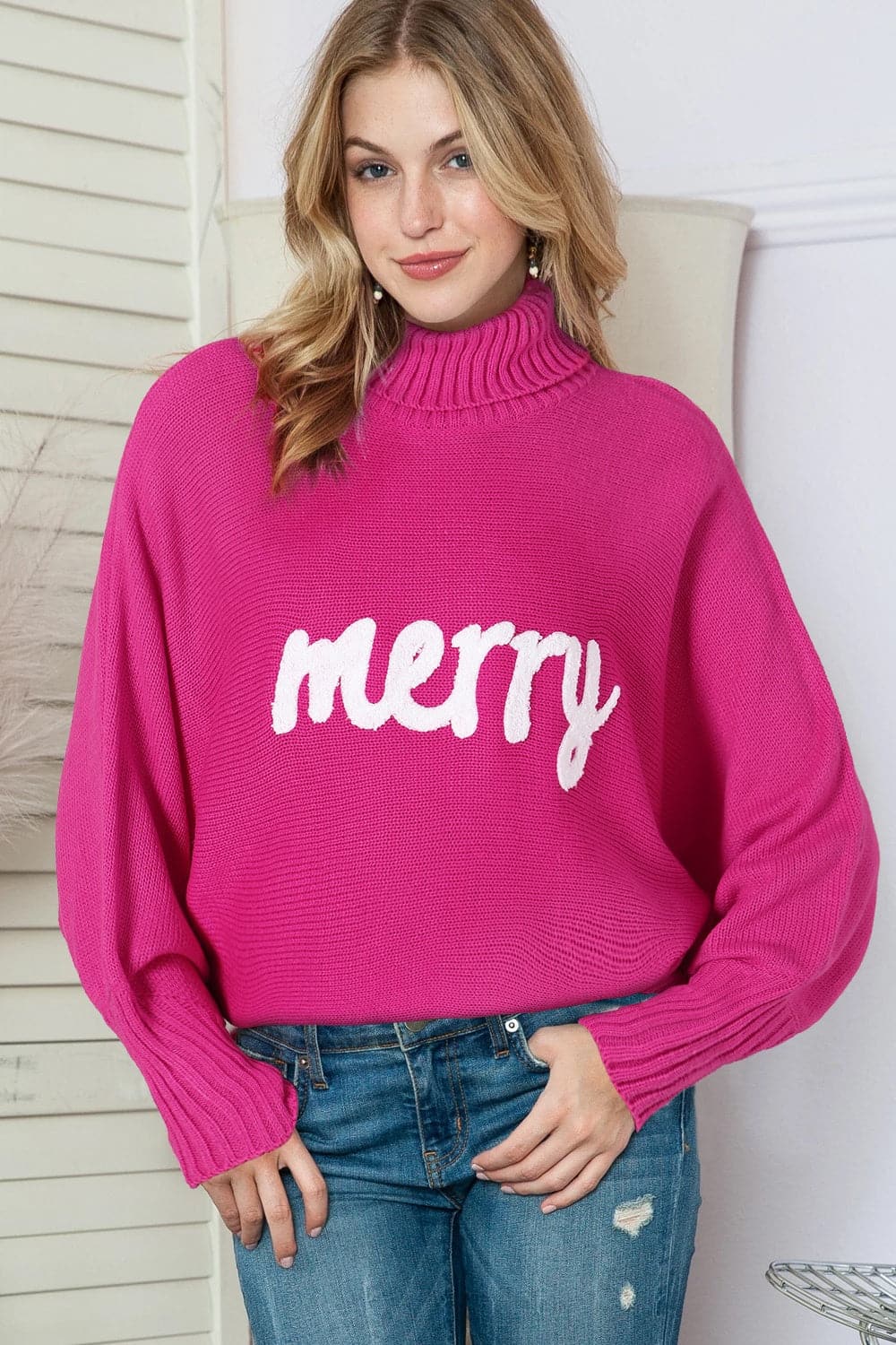 Merry Letter Embroidered High Neck Sweater.