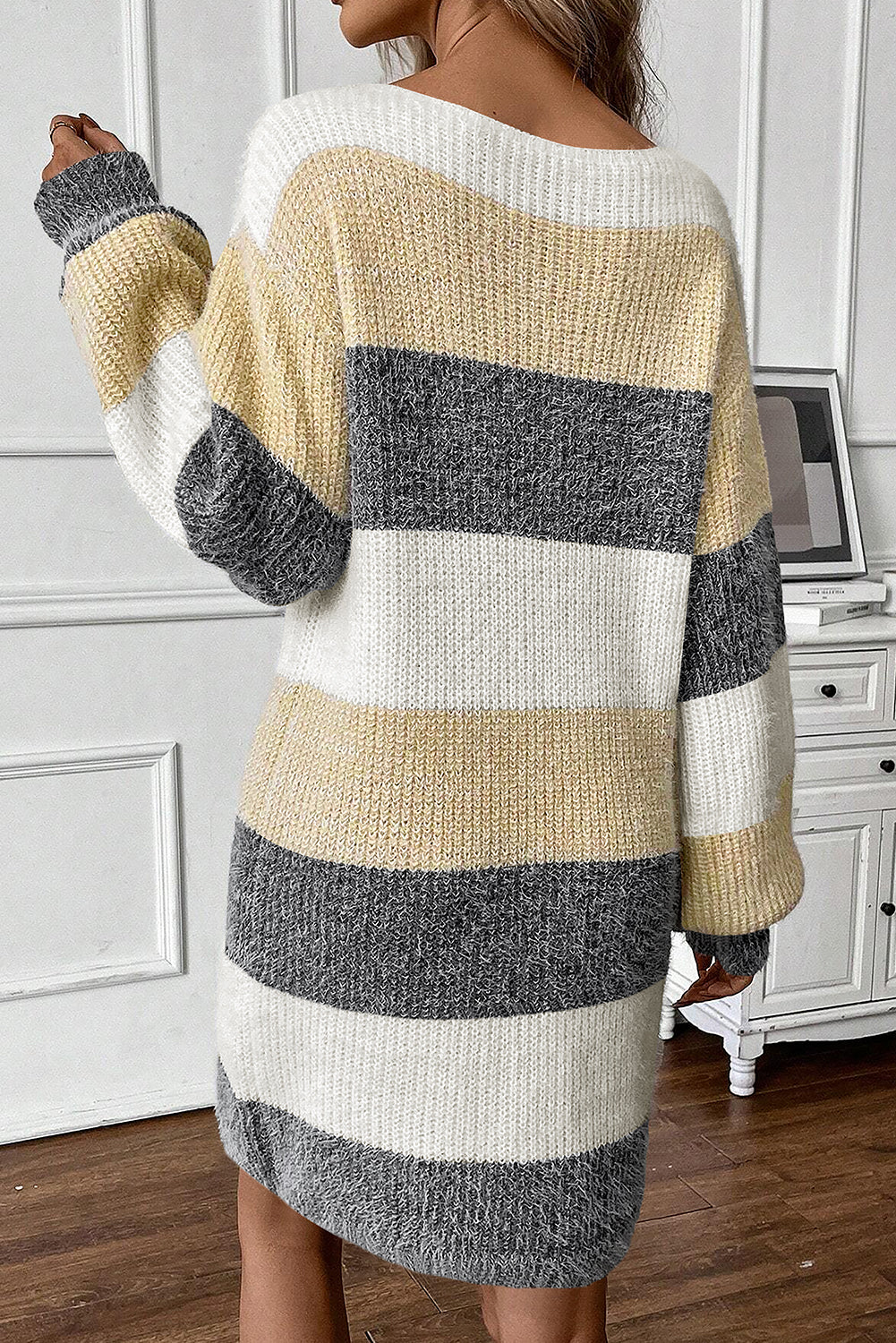 Colorful striped bubble sleeve sweater dress with drop shoulders