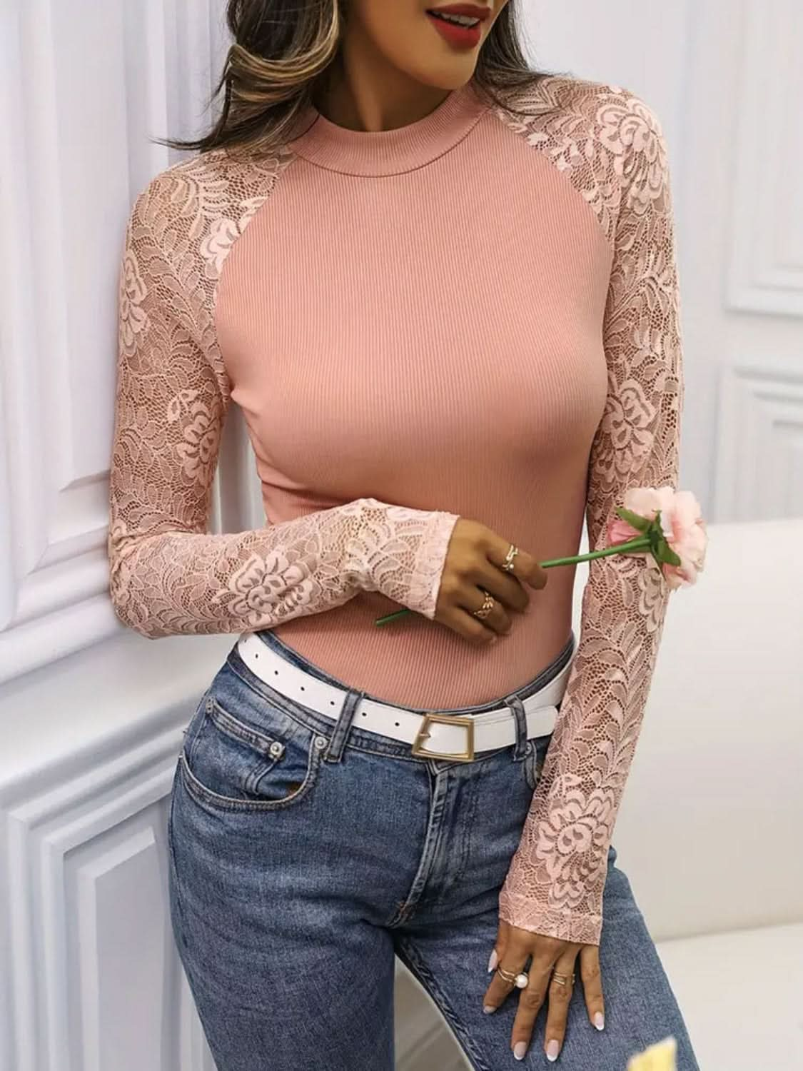 Mock Neck Lace Long Sleeve T-Shirt