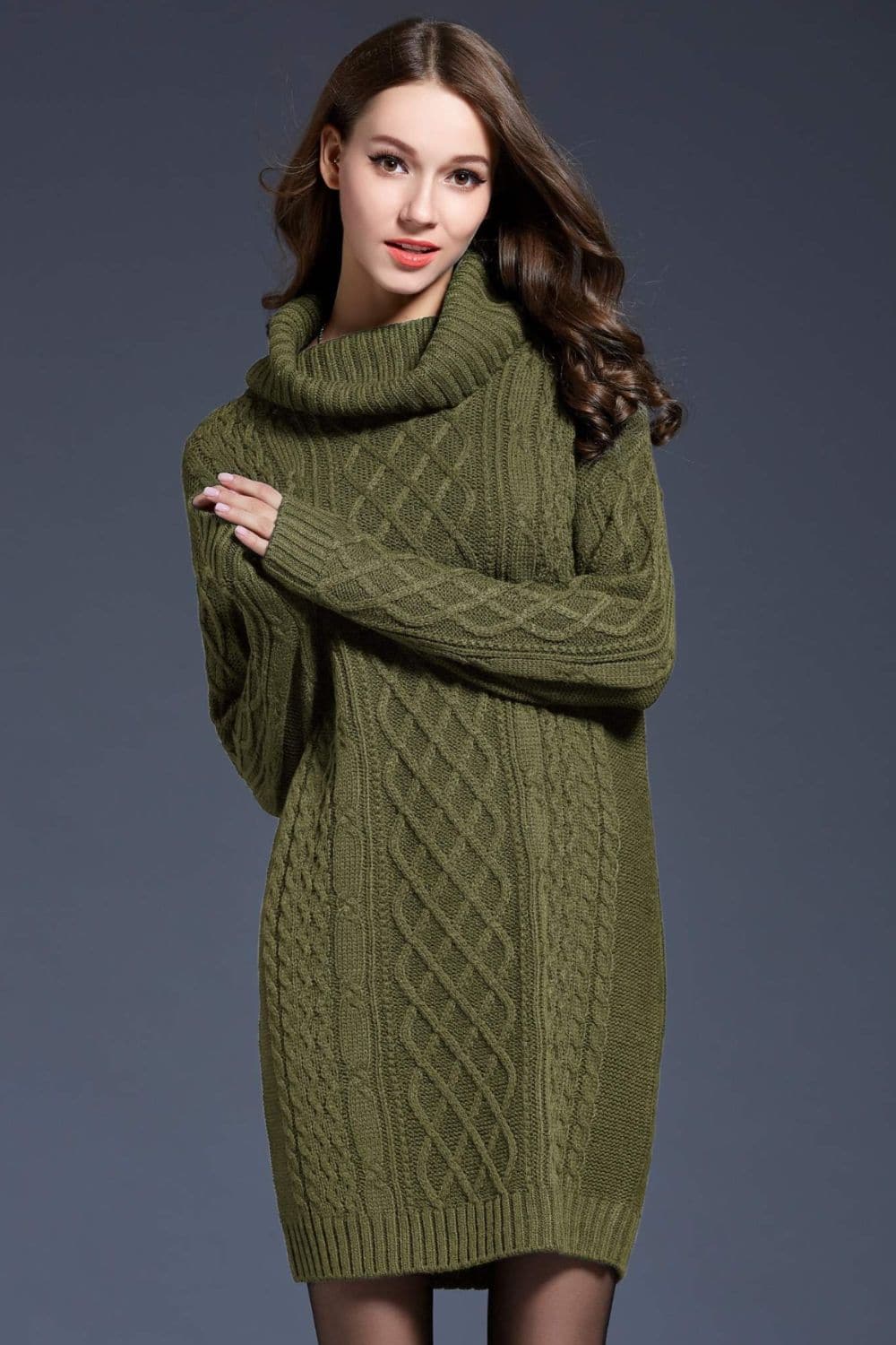 Woven Right Full Size Mixed Knit Cowl Neck Dropped Shoulder Sweater Dress.