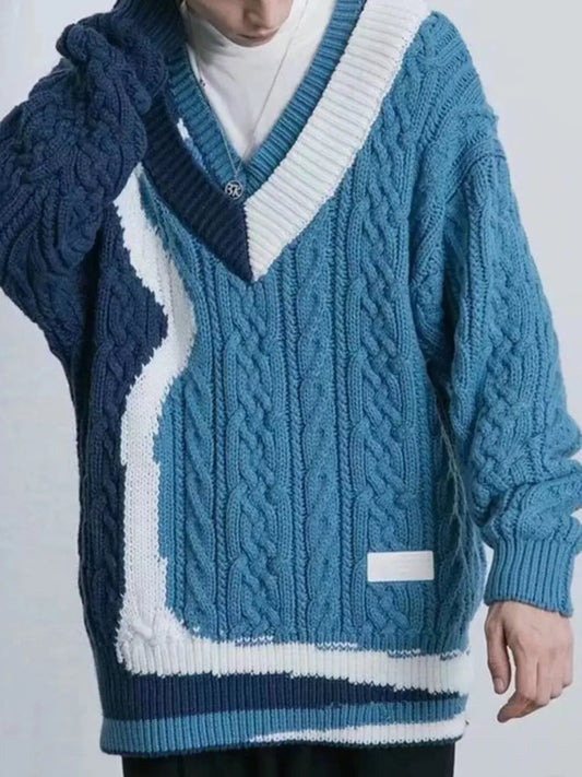 Men's Color Block Cable Knit V-Neck Sweater Simply Love