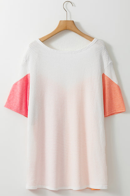 Chic white plus size colorblock waffle knit top