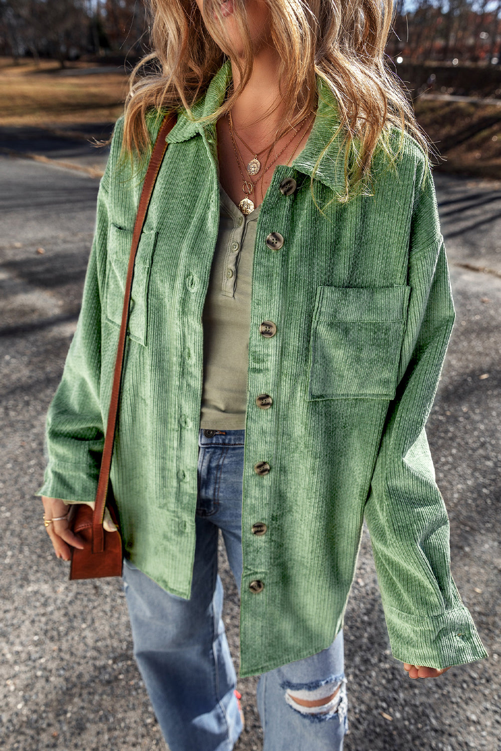 Chic mist green corduroy shacket with patched pockets