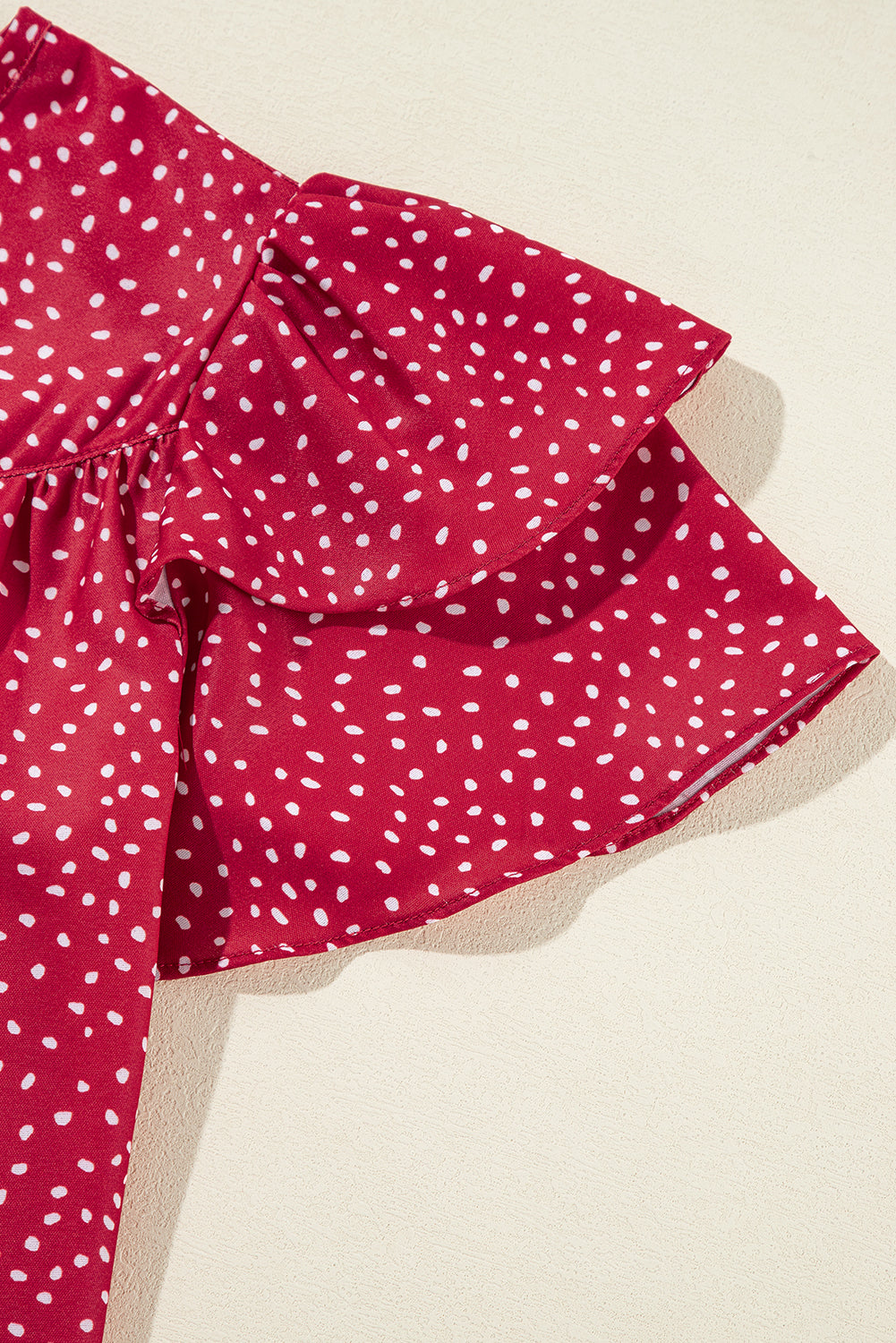 Fiery Red Spotted Print Pleated Ruffle Sleeve Blouse Divine Design4U