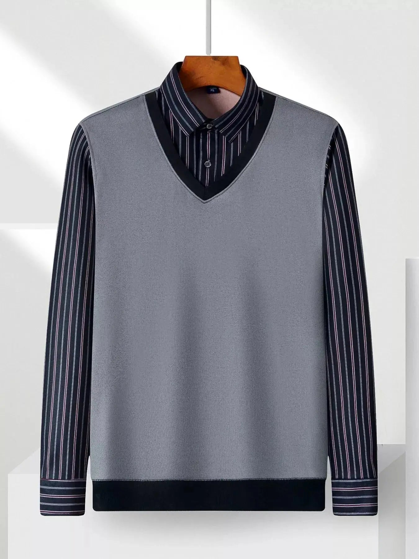 Men's Plus Size Striped Long Sleeve Fake Two Piece Knit Top Simply Love