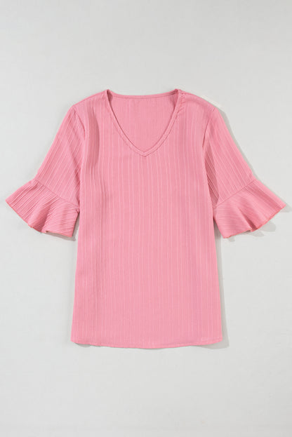 Peach Blossom ruffled V neck top with half sleeves