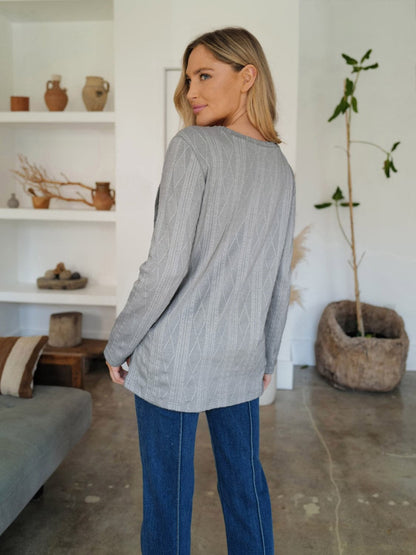 Slit Round Neck Long Sleeve T-Shirt.