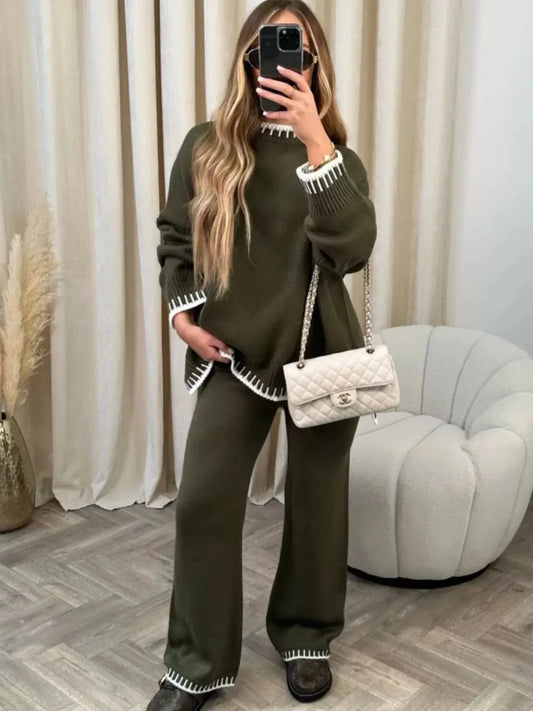 Contrast Trim Round Neck Top and Pants Sweater Set Simply Love
