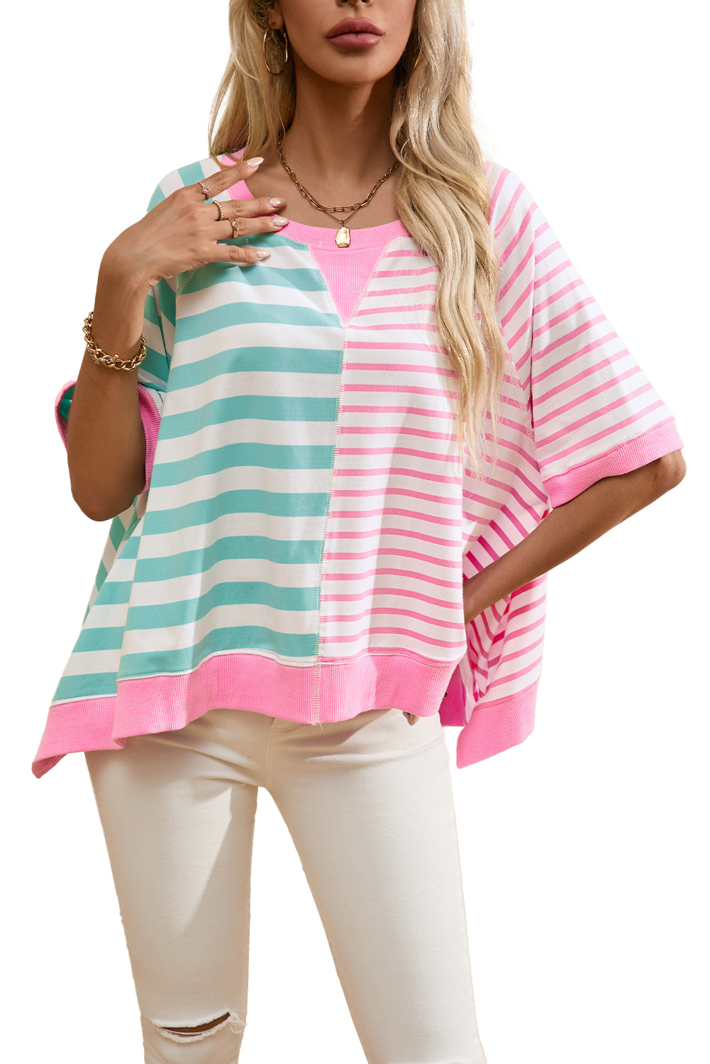 Chic pink stripe oversized patchwork tee for effortless style