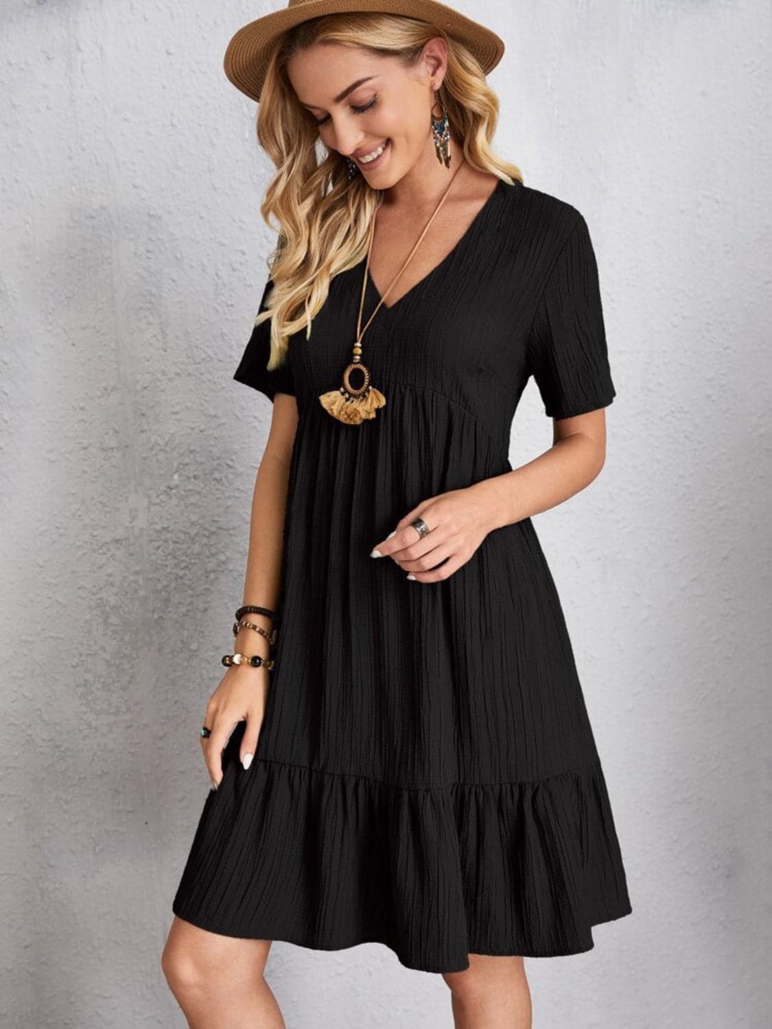 Full Size V-Neck Short Sleeve Dress.