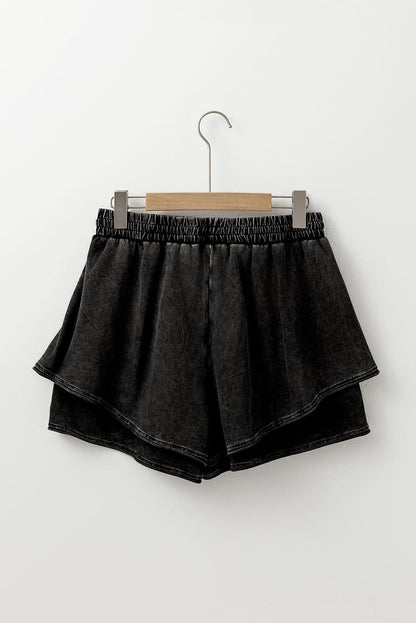 Chic Black Mineral Wash High-Waisted French Terry Casual Shorts