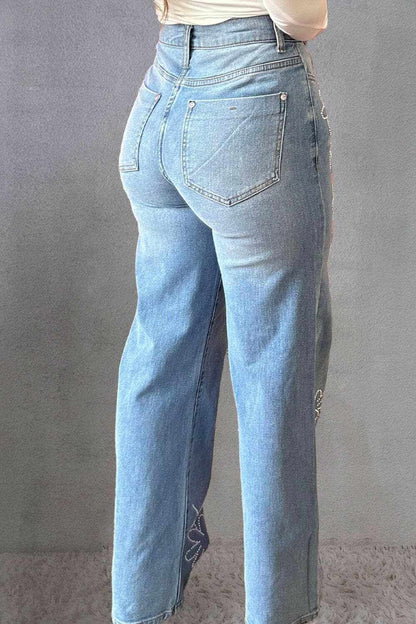 Rhinestone Straight Jeans with Pockets.