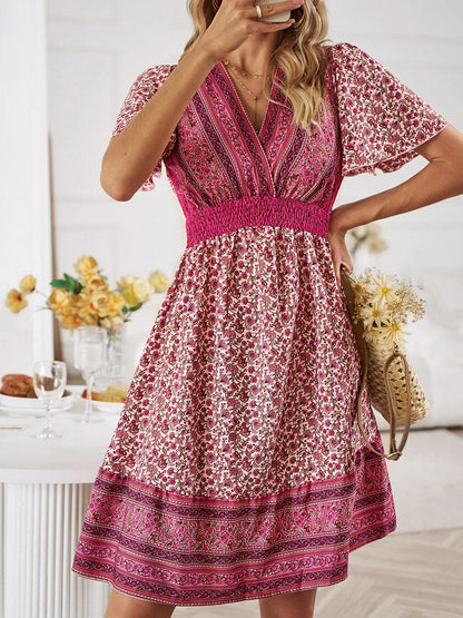 Floral Smocked Waist Short Sleeve Mini Dress.