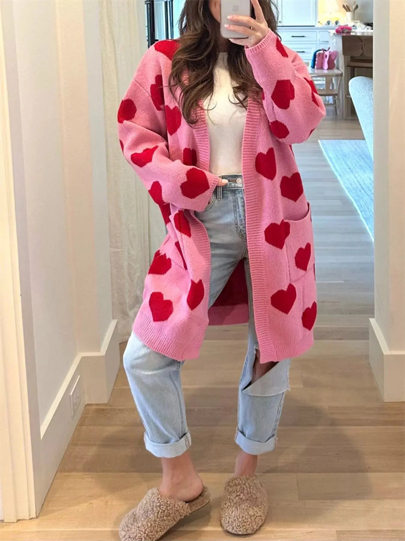 Heart Pattern Open Front Cardigan Simply Love