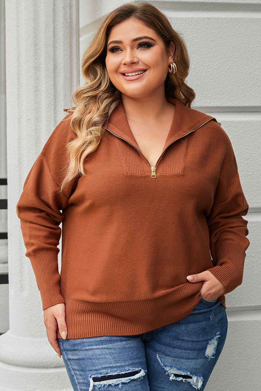 Chic brown zip collar sweater with ribbed trim for plus sizes