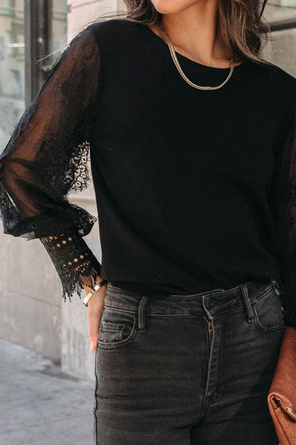 Lace Detail Mesh Lantern Sleeve Blouse.