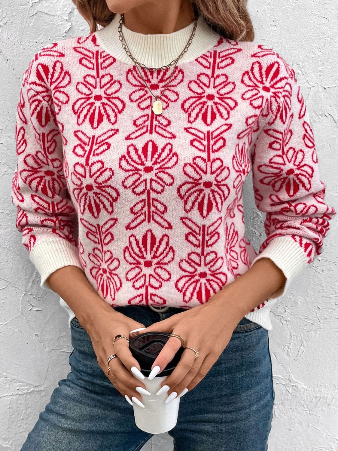 Floral Print Cozy Long Sleeve Sweater