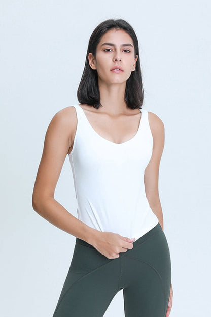 V Neck Yoga Tank Top with built-in bra in white.