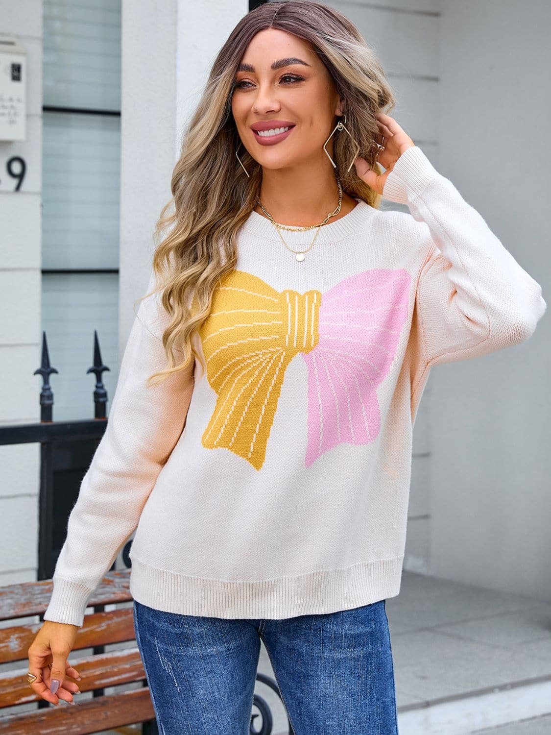 Bow Round Neck Dropped Shoulder Sweater.