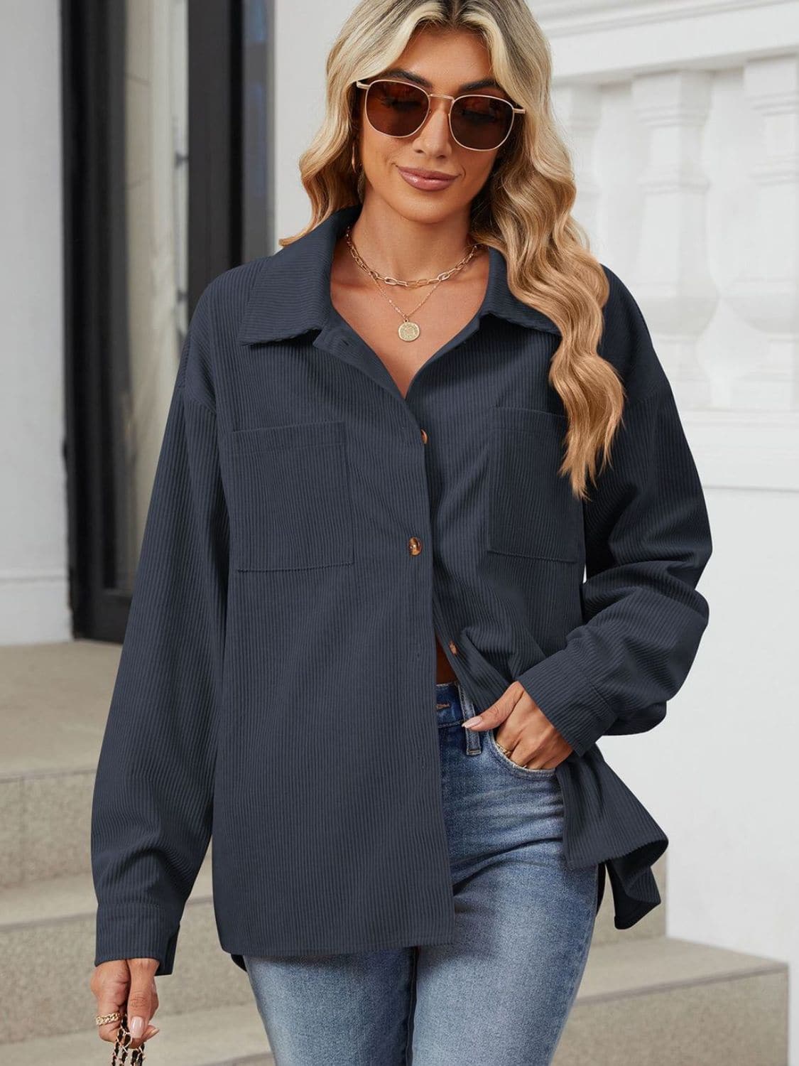 Chic Buttoned Long Sleeve Jacket with Dropped Shoulders