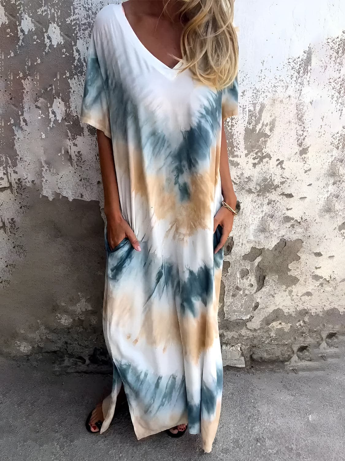 Full Size Pocketed Tie-Dye Short Sleeve Dress.